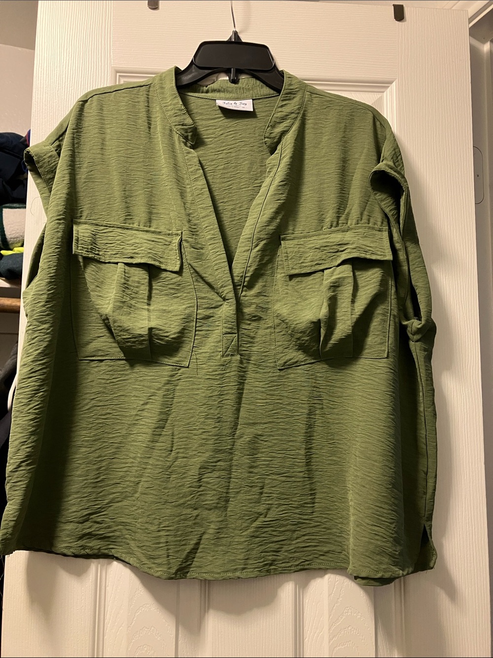 Olive Green V-Neck Utility Pocket Blouse